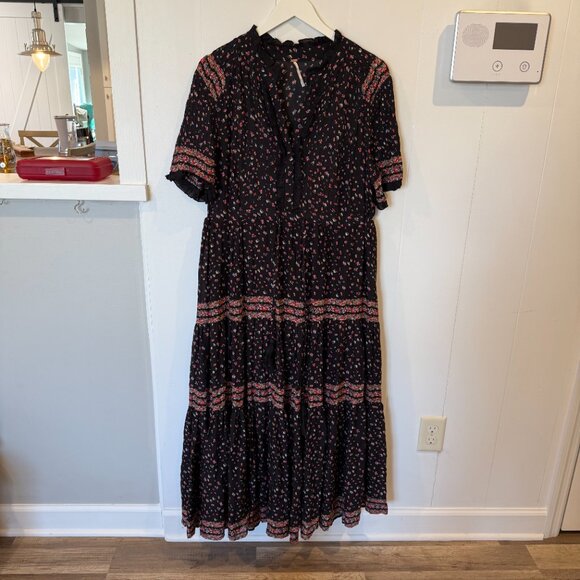 Free People Black Rare Feeling Tiered Floral Maxi Dress Size L - Picture 3 of 7